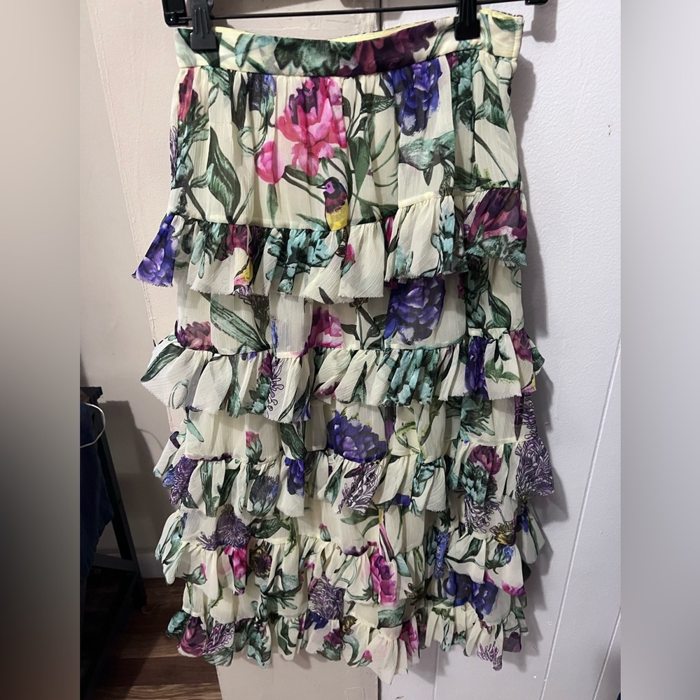 H&M Floral Ruffle Midi Skirt - Cream, Purple, Pink